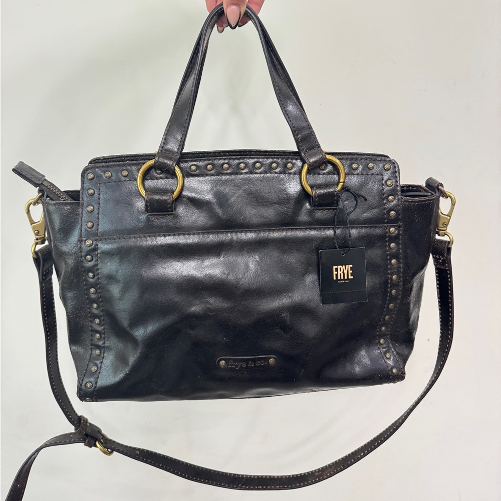 NWT Frye Victoria stud satchel bag,Black Leather Shoulder Bag with Gold Hardware
